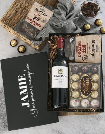Executive Wine and Biltong Box with wine, biltong and chocolates