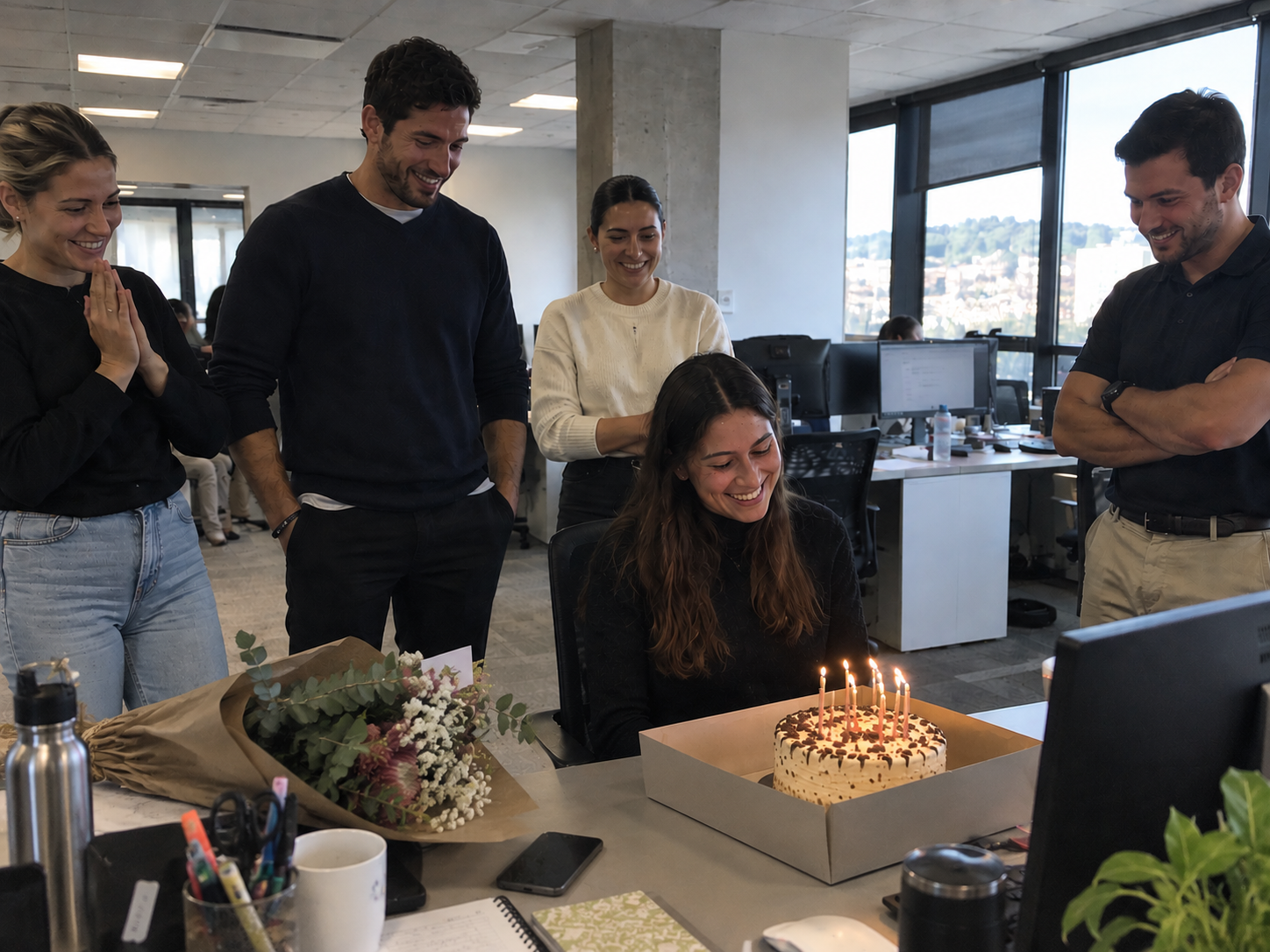 Colleagues celebrating a birthday together in the office with cake, flowers and a gift